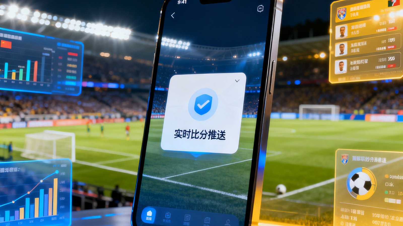 雷速比分Hero展示图：一部智能手机屏幕显示着实时比分推送界面，背景是灯火通明的足球场夜景，周围环绕着数据可视化图表和赛事信息卡片，整体氛围充满科技感与体育激情。