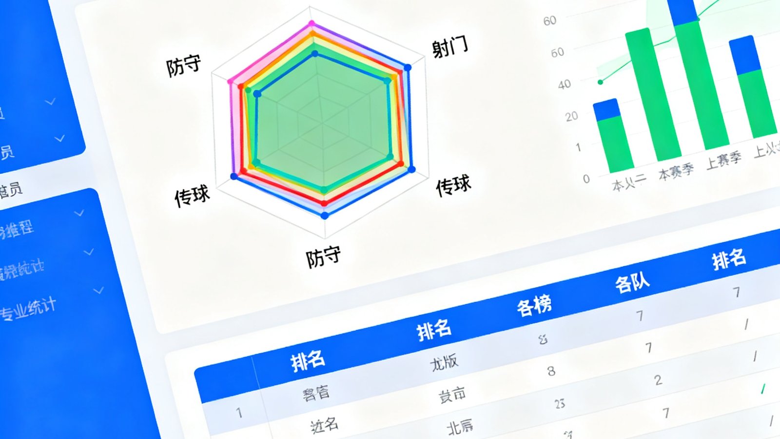 深度数据统计面板：页面中央是一个彩色雷达图展示球员的速度、射门、传球、防守等能力维度，右侧柱状图对比本赛季与上赛季数据，下方积分榜表格以清晰的字体排列着各队排名。